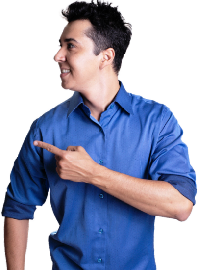man pointing in blue